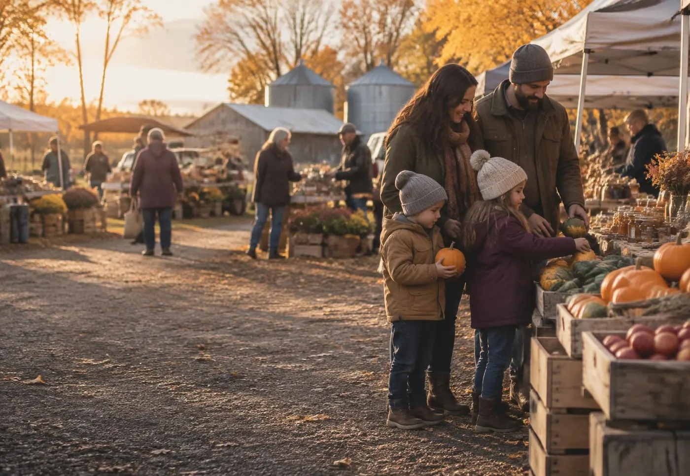 A family browsing pumpkins and produce at a rural fall market